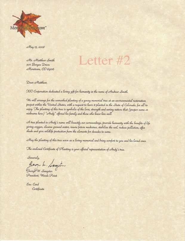 Sample Sympathy Letters - Memorial Trees