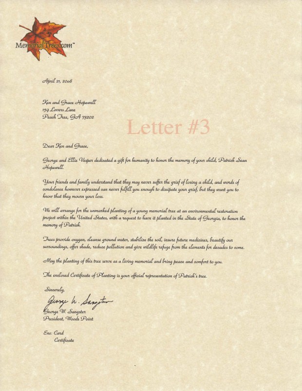 Memorial Trees - Sample Sympathy Letters - Memorialtrees.com