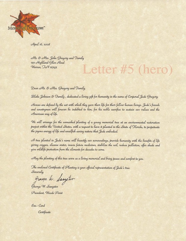 Memorial Trees - Sample Sympathy Letters - Memorialtrees.com